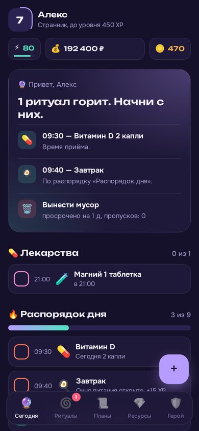 План на день в Достигаторе: лекарства, распорядок по часам, подсказки
